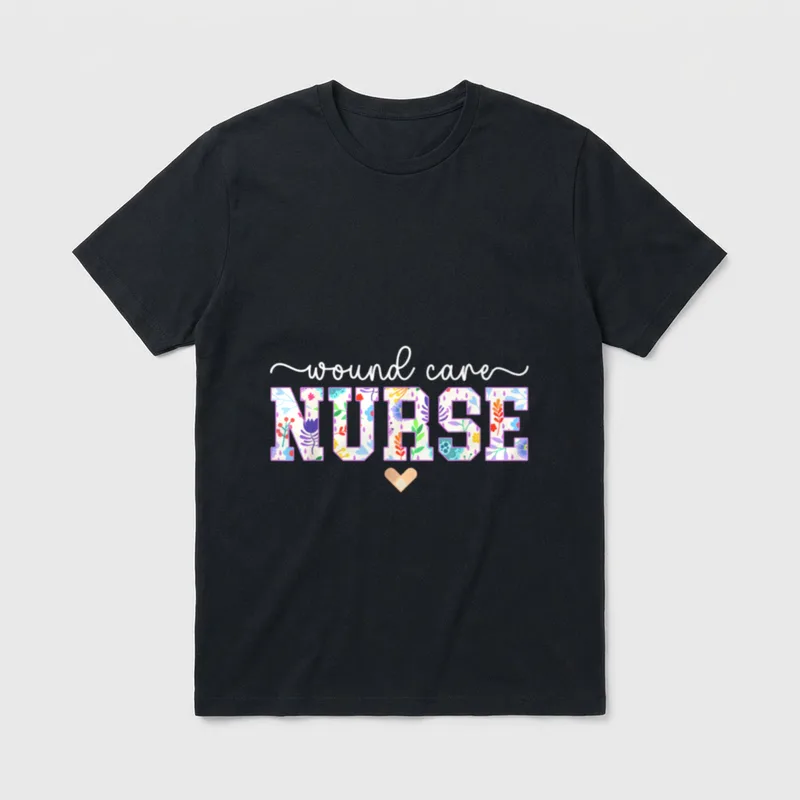 Wound Care Nurse Nursing T-Shirt – wound care NURSE in cursive script and floral block letters – Classic T-Shirt in Black