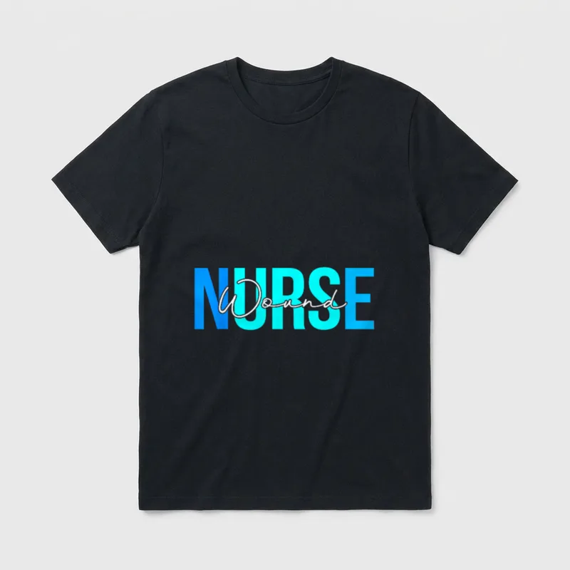 Cute Nurse Wound Black T-Shirt – White script Wound over blue block NURSE lettering – Classic T-Shirt in Black