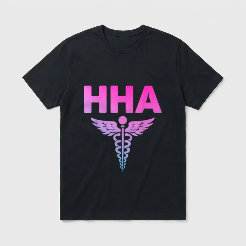 Cool Home Health Aide Art T-Shirt – Pink to blue gradient HHA text with winged caduceus – Classic T-Shirt in Black