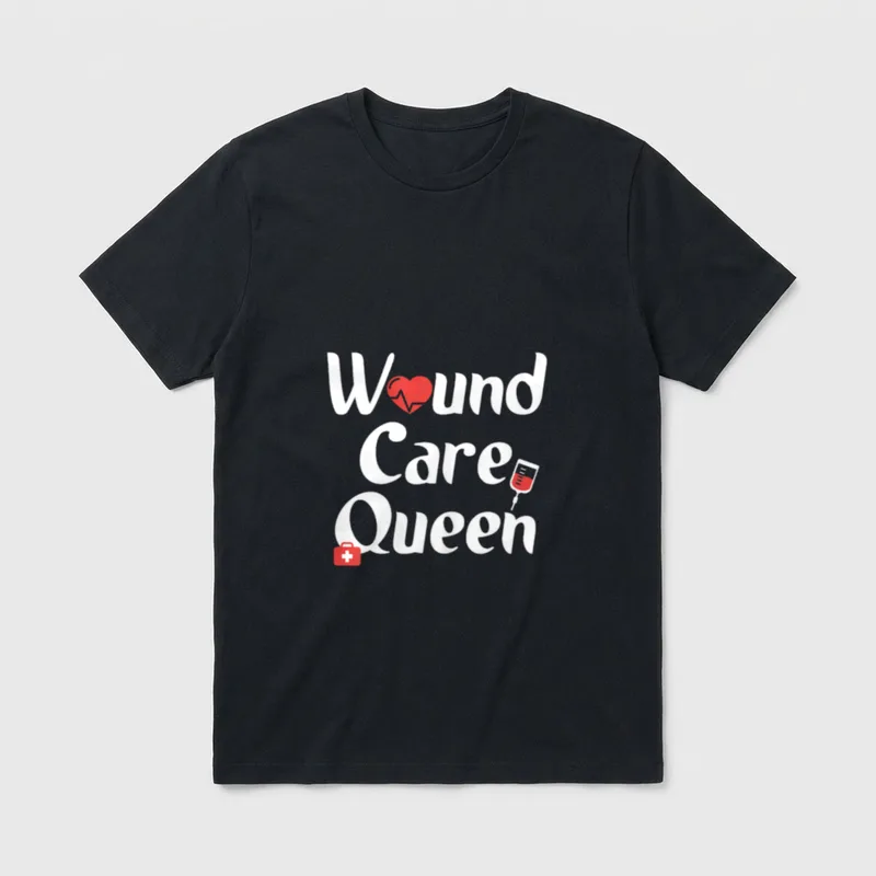 Wound Care Queen Nurse LPN CNA T-Shirt – Wound Care Queen text with heart pulse and medical icons – Classic T-Shirt in Black