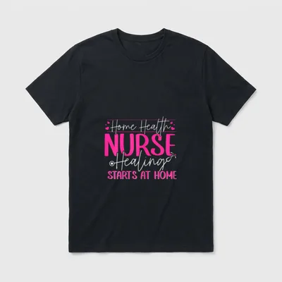 Home Health Nurse T-Shirt – Home Health Nurse Healing Starts At Home text with stethoscope art – Classic T-Shirt in Black