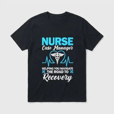 Nurse Case Manager T-Shirt – Caduceus inside heart pulse line with road to recovery quote – Classic T-Shirt in Black