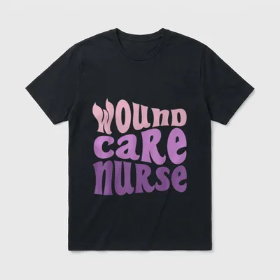 Wound Care Nurse Lightweight T-Shirt – Wavy retro text reading Wound Care Nurse in pink and purple – Classic T-Shirt in Black