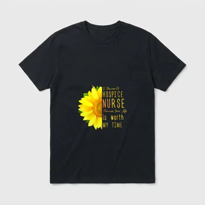 Hospice Nurse Worth T-Shirt – Half sunflower with hospice nurse dedication lettering – Classic T-Shirt in Black