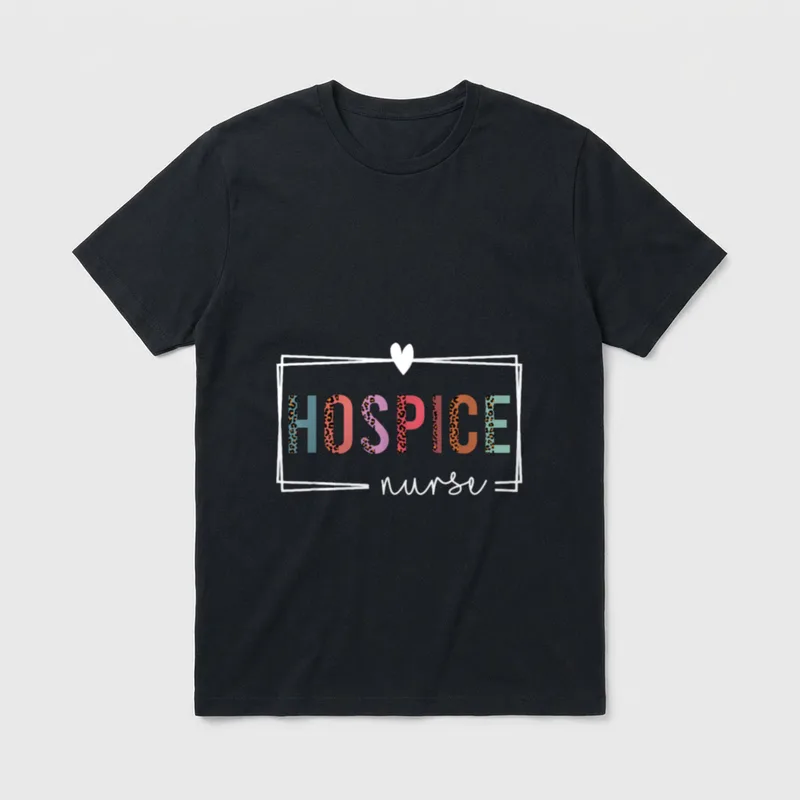 Hospice Nurse Nurses Day T-Shirt – HOSPICE in colorful leopard letters with script nurse and heart – Classic T-Shirt in Black