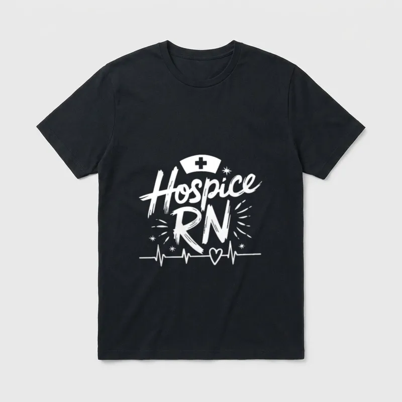 Hospice Nursing Rn T-Shirt – Hospice RN in brush script with nurse cap and heartbeat – Classic T-Shirt in Black