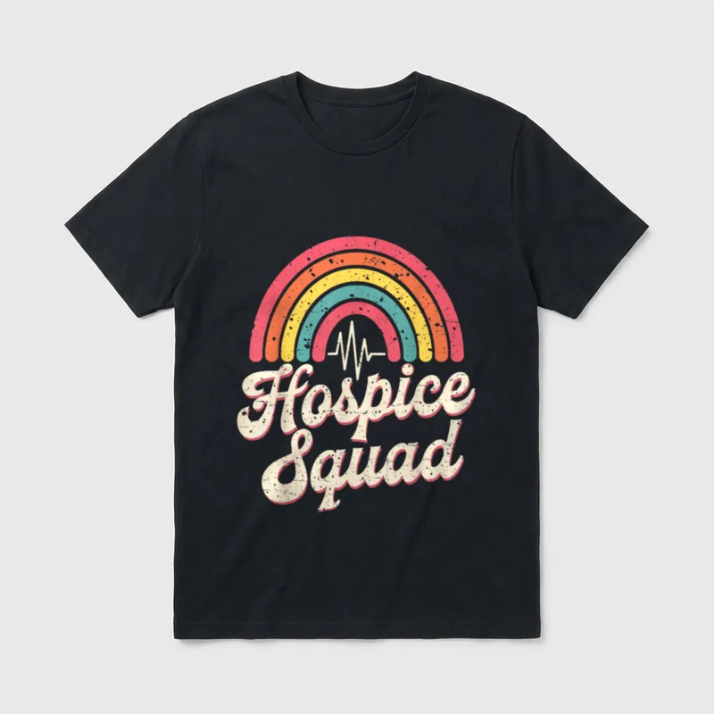 Hospice Squad Nurse Lightweight T-Shirt – Retro rainbow arch, pulse line, and Hospice Squad script – Classic T-Shirt in Black