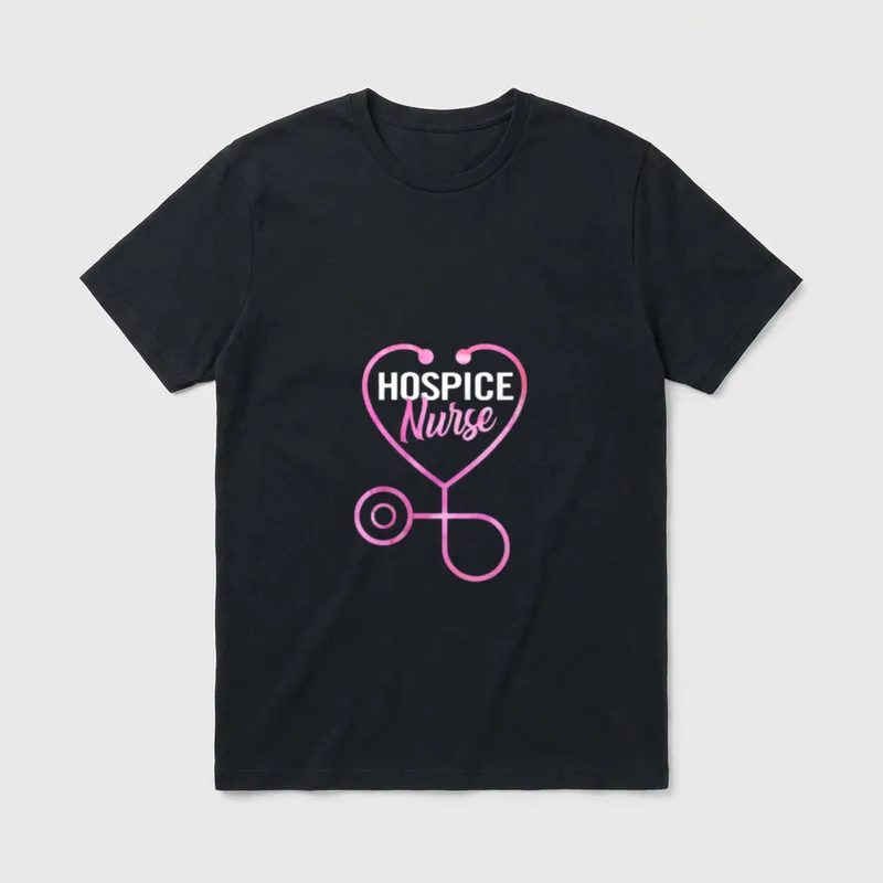 Cool Hospice Nurse T-Shirt – Pink heart stethoscope with HOSPICE Nurse lettering – Classic T-Shirt in Black