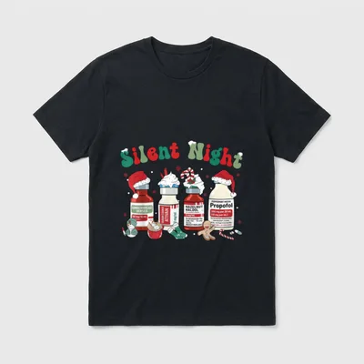 NICU Nurse Christmas Shirt – Silent Night lettering and holiday sedative medication vials – Classic T-Shirt in Black