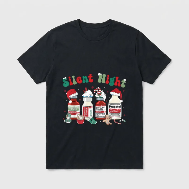 NICU Nurse Christmas Shirt – Silent Night lettering and holiday sedative medication vials – Classic T-Shirt in Black