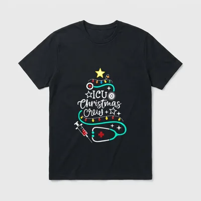 ICU Nurse Christmas Shirt – ICU Christmas Crew lettering with holiday stethoscope tree – Classic T-Shirt in Black