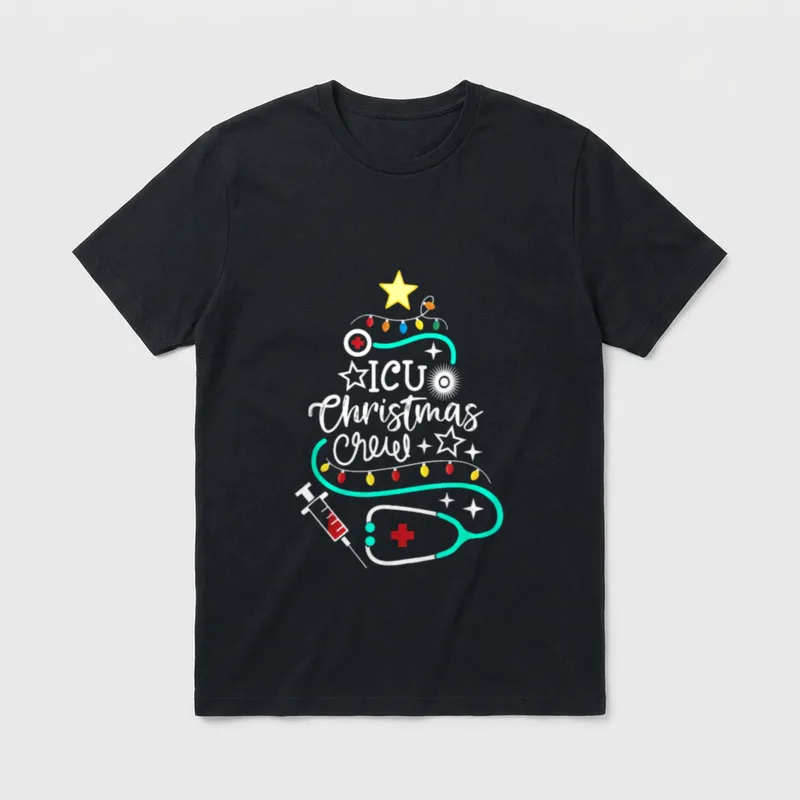 ICU Nurse Christmas Shirt – ICU Christmas Crew lettering with holiday stethoscope tree – Classic T-Shirt in Black