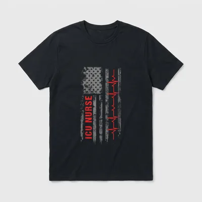 Critical Care Nurse Shirt – Vertical red ICU NURSE text with American flag and heartbeat line – Classic T-Shirt in Black