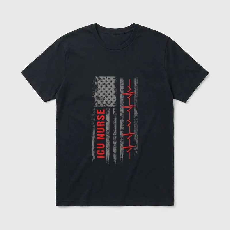 Critical Care Nurse Shirt – Vertical red ICU NURSE text with American flag and heartbeat line – Classic T-Shirt in Black
