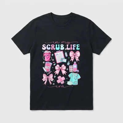 Era Coquette Bow Funny ER ICU T-Shirt – “in my SCRUB LIFE era” with pink bows and medical tools – Classic T-Shirt in Black