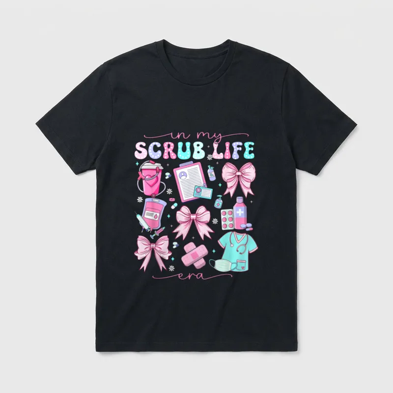 Era Coquette Bow Funny ER ICU T-Shirt – “in my SCRUB LIFE era” with pink bows and medical tools – Classic T-Shirt in Black