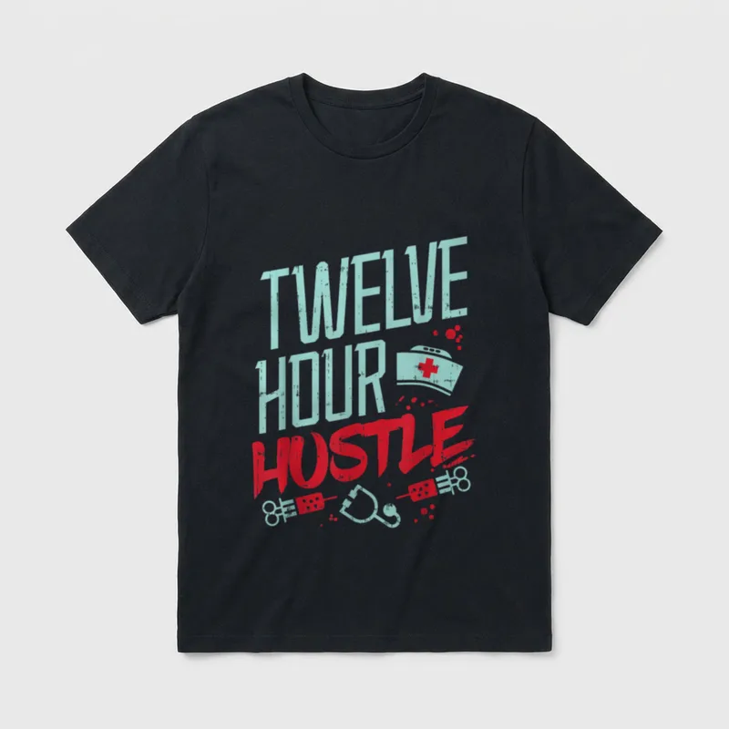 ER RN L D ICU Nurse T-Shirt – TWELVE HOUR HUSTLE with a nursing cap and medical tools – Classic T-Shirt in Black