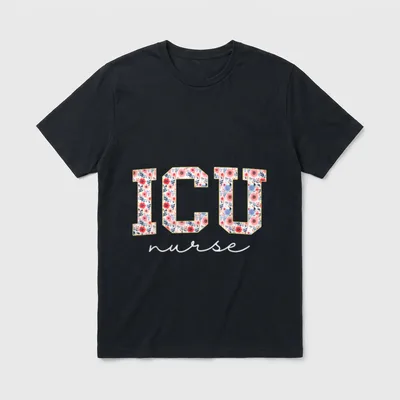 Icu Nurse Nursing Critical Care Floral T-Shirt – Floral pattern ICU letters with nurse in script – Classic T-Shirt in Black