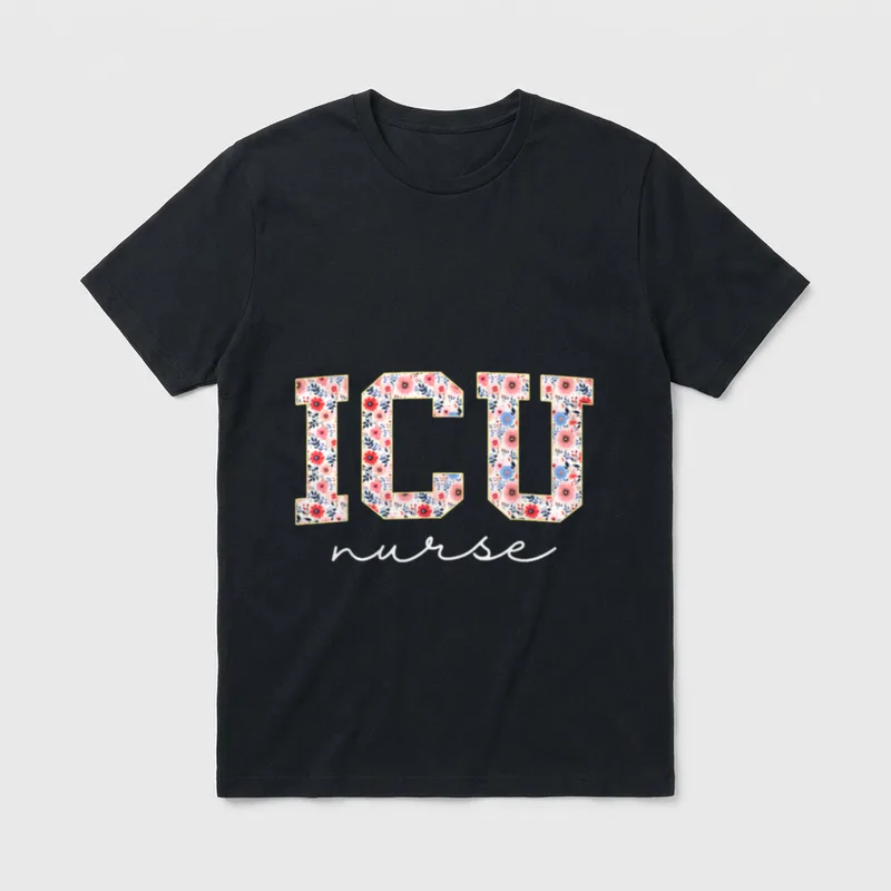 Icu Nurse Nursing Critical Care Floral T-Shirt – Floral pattern ICU letters with nurse in script – Classic T-Shirt in Black