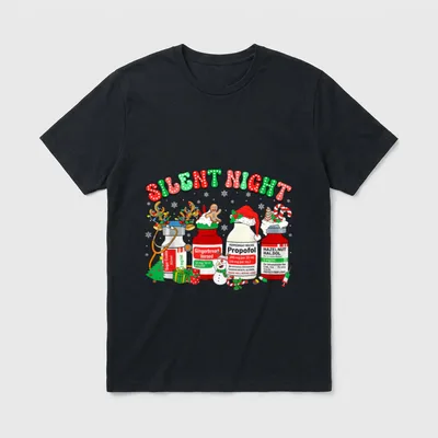 Silent Night ER ED RN ICU T-Shirt – Silent Night with holiday medication vials and a snowman – Classic T-Shirt in Black