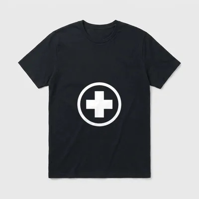 Nurse Plus Sign Circle T-Shirt – White emergency cross emblem inside a solid circular outline – Classic T-Shirt in Black
