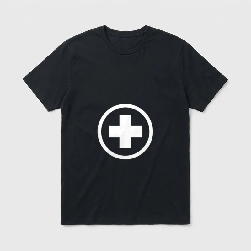 Nurse Plus Sign Circle T-Shirt – White emergency cross emblem inside a solid circular outline – Classic T-Shirt in Black