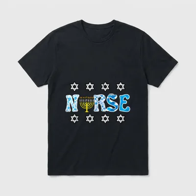 Hanukkah Nurse Chanukah T-Shirt – NURSE lettering with a menorah, nurse cap, and Stars of David – Classic T-Shirt in Black