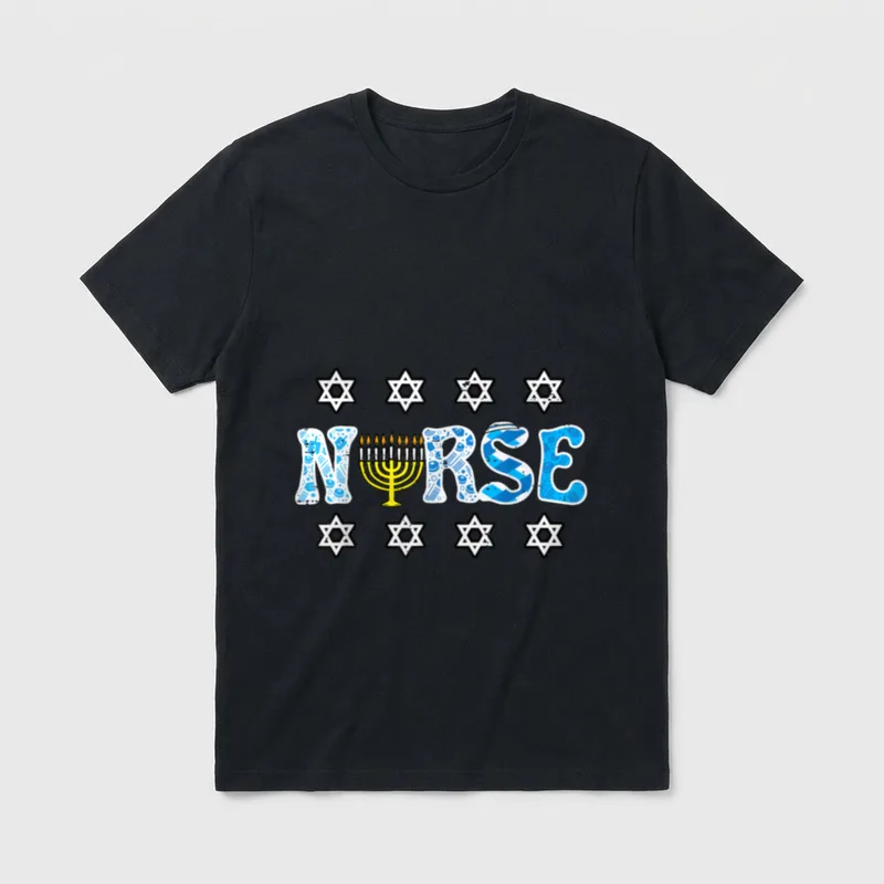 Hanukkah Nurse Chanukah T-Shirt – NURSE lettering with a menorah, nurse cap, and Stars of David – Classic T-Shirt in Black