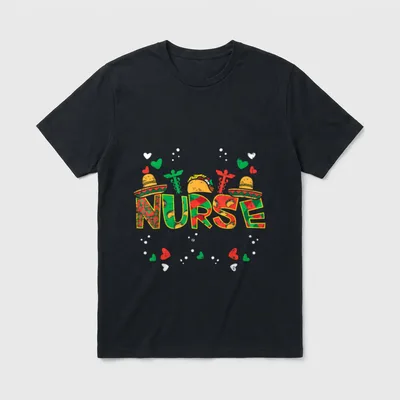 RN ICU ER Nurse T-Shirt – Patterned NURSE lettering with sombreros, tacos, and caduceus – Classic T-Shirt in Black