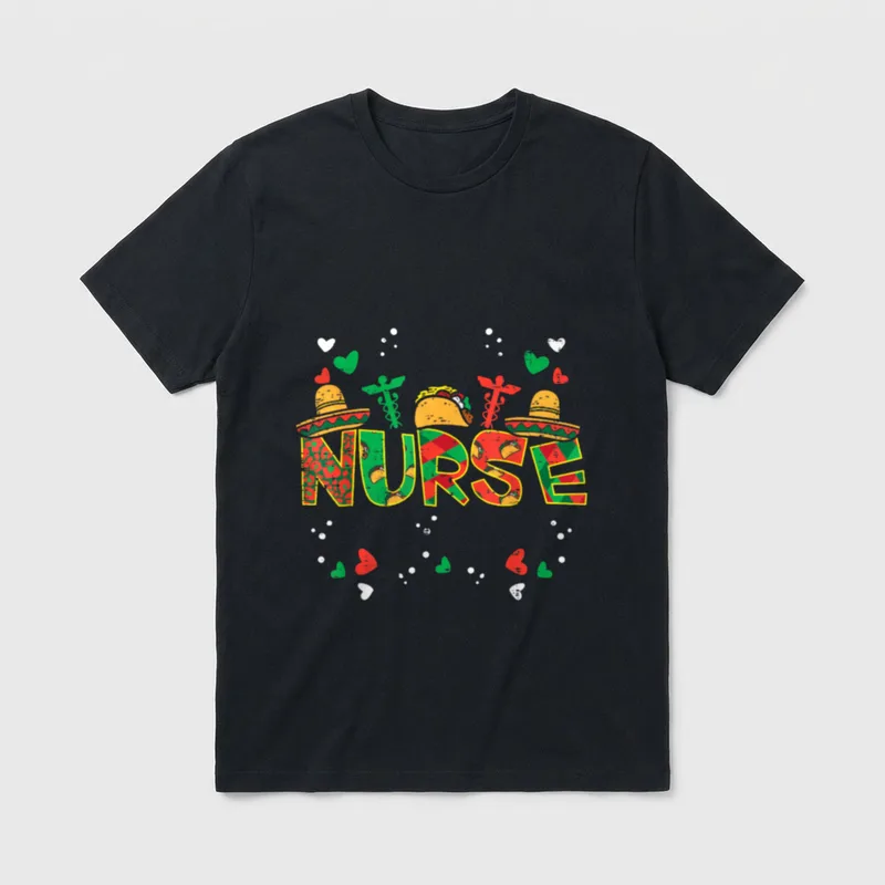 RN ICU ER Nurse T-Shirt – Patterned NURSE lettering with sombreros, tacos, and caduceus – Classic T-Shirt in Black