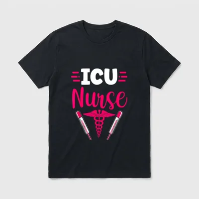 Intensive Nurse Care Motif T-Shirt – ICU Nurse lettering with medical caduceus and thermometers – Classic T-Shirt in Black