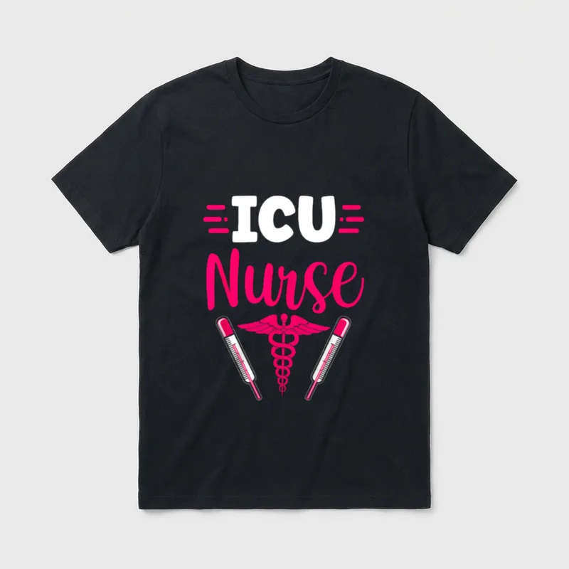 Intensive Nurse Care Motif T-Shirt – ICU Nurse lettering with medical caduceus and thermometers – Classic T-Shirt in Black