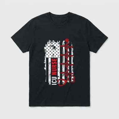 Nurse American Flag Heartbeat T-Shirt – ICU NURSE lettering beside a stethoscope heartbeat line – Classic T-Shirt in Black