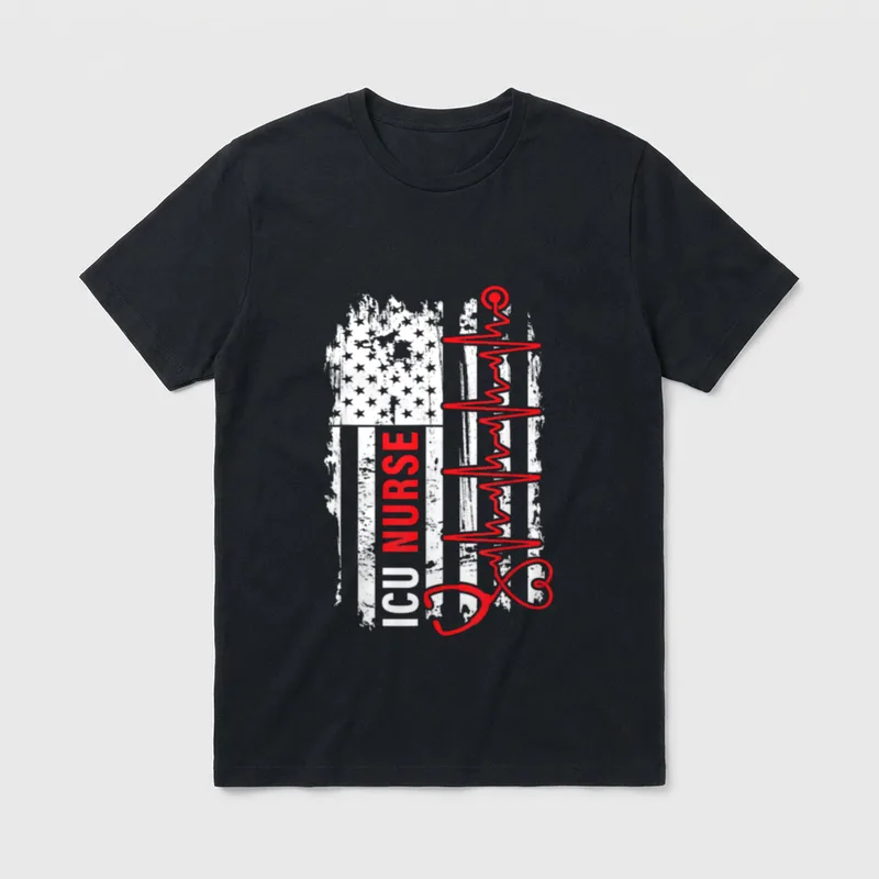 Nurse American Flag Heartbeat T-Shirt – ICU NURSE lettering beside a stethoscope heartbeat line – Classic T-Shirt in Black