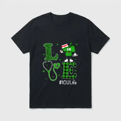 Irish Nurse Lucky T-Shirt – LOVE letters with shamrock nurse and ICULife hashtag – Classic T-Shirt in Black