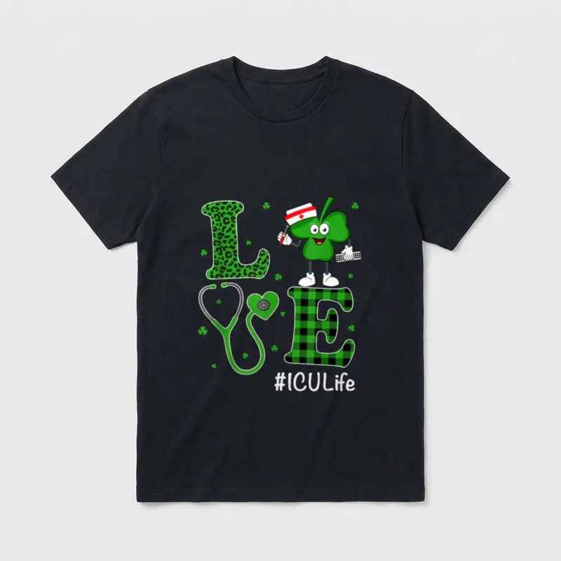 Irish Nurse Lucky T-Shirt – LOVE letters with shamrock nurse and ICULife hashtag – Classic T-Shirt in Black