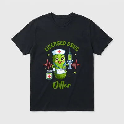 Pickle Nurse Life ER ICU Nursing T-Shirt – Cartoon pickle nurse with text LICENSED DRUG Diller – Classic T-Shirt in Black