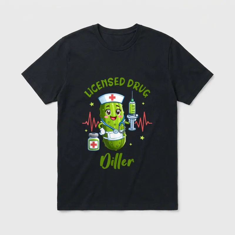 Pickle Nurse Life ER ICU Nursing T-Shirt – Cartoon pickle nurse with text LICENSED DRUG Diller – Classic T-Shirt in Black