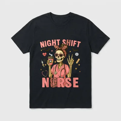 RN ICU Nurse Skeleton Night Shift T-Shirt – Pink lettering reading NIGHT SHIFT NURSE – Classic T-Shirt in Black