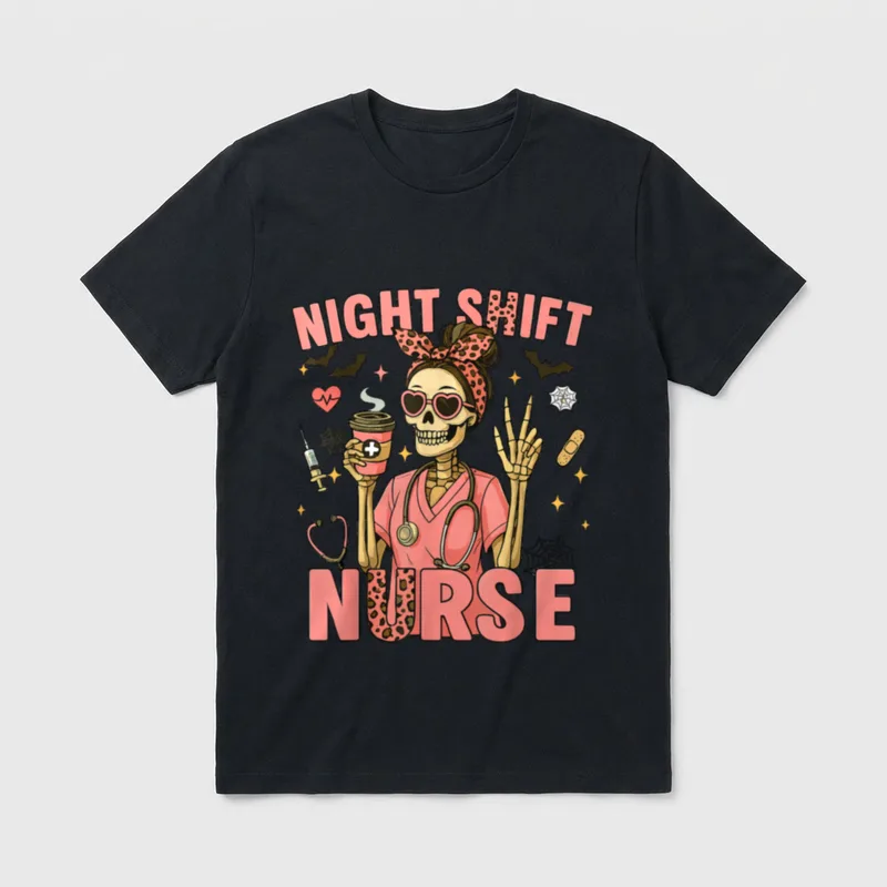 RN ICU Nurse Skeleton Night Shift T-Shirt – Pink lettering reading NIGHT SHIFT NURSE – Classic T-Shirt in Black