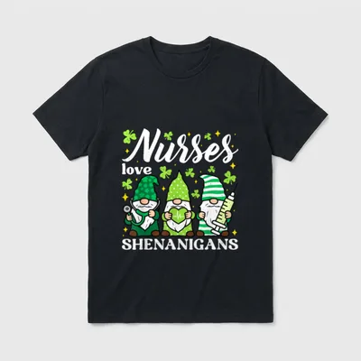 Green Nurse St Day T-Shirt – Nurses love SHENANIGANS lettering with three medical gnomes – Classic T-Shirt in Black