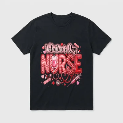 Red Healthcare ER RN CNA ICU T-Shirt – Valentine's Day Nurse with stethoscope, IV bag, and syringe – Classic T-Shirt in Black