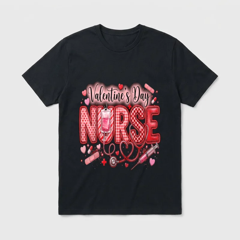 Red Healthcare ER RN CNA ICU T-Shirt – Valentine's Day Nurse with stethoscope, IV bag, and syringe – Classic T-Shirt in Black
