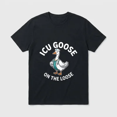 ICU Nurse Goose on the Loose T-Shirt – A goose dressed in a scrub shirt, lab coat, and nurse cap – Classic T-Shirt in Black