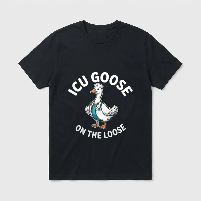 ICU Nurse Goose on the Loose T-Shirt – A goose dressed in a scrub shirt, lab coat, and nurse cap – Classic T-Shirt in Black