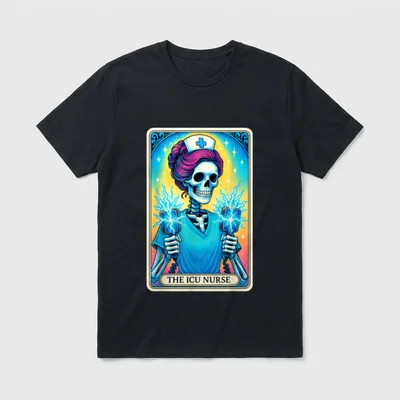 The ICU Nurse Tarot Card T-Shirt – Skeleton nurse holding defibrillator paddles on a tarot card – Classic T-Shirt in Black