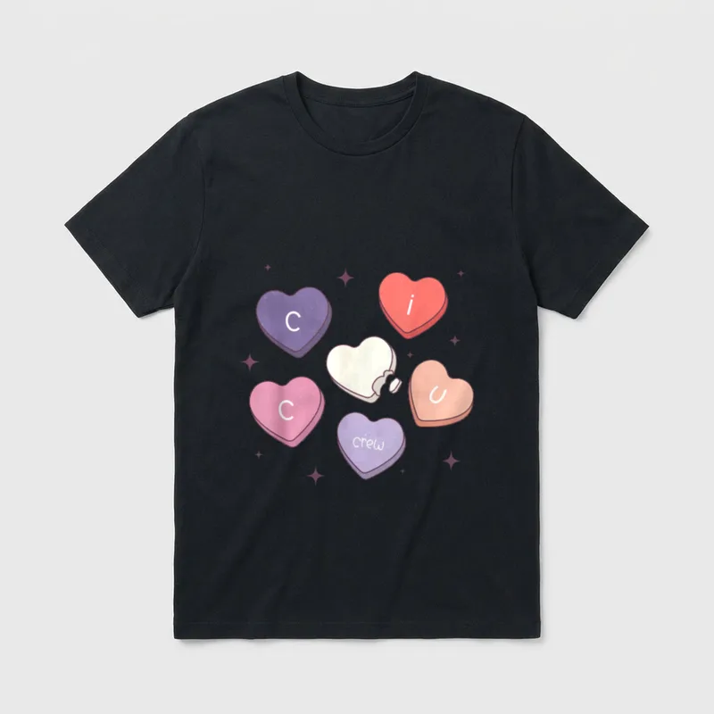 CICU Crew Nurse Heart Candy Valentines T-Shirt – Pastel candy hearts spelling C, i, C, U, and crew – Classic T-Shirt in Black