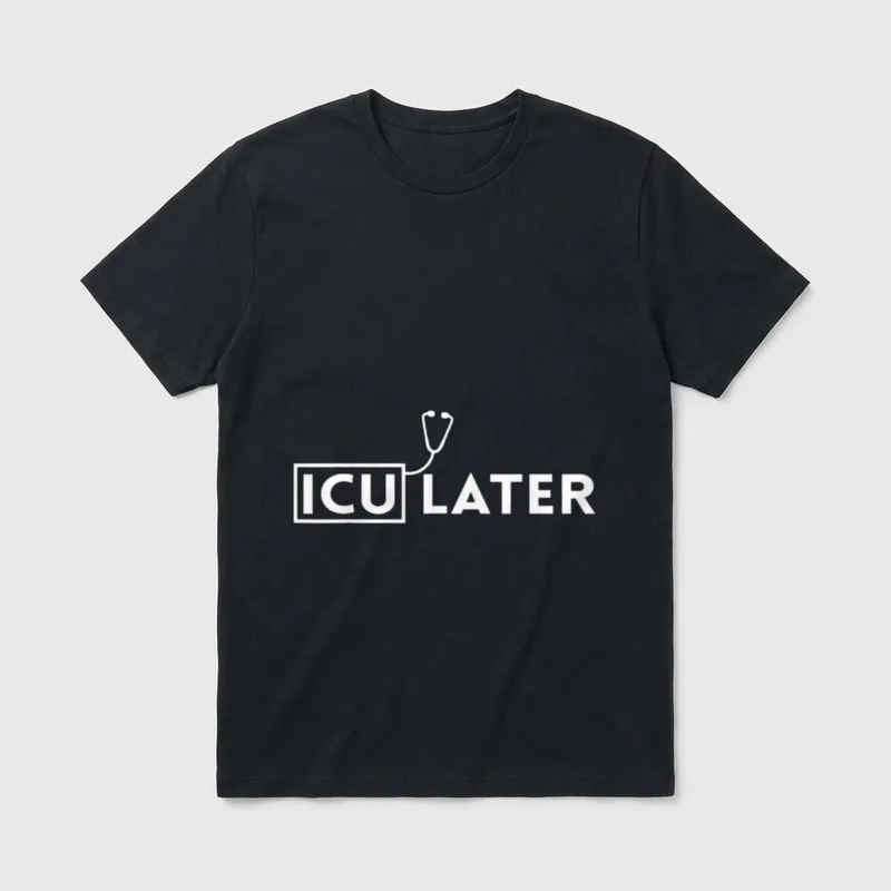 ICU Nurse Pun Funny Intensive Care T-Shirt – ICU LATER lettering and stethoscope line art – Classic T-Shirt in Black