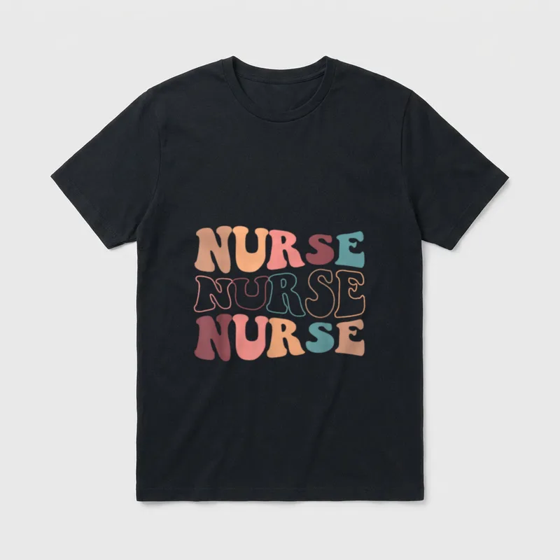 Groovy Nurse Pediatric T-Shirt – Stacked retro wavy “NURSE” lettering in warm vintage tones – Classic T-Shirt in Black