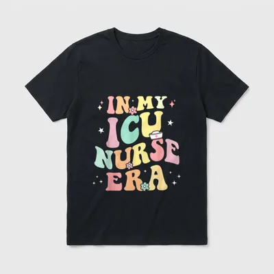 In My ICU Nurse Era Retro T-Shirt – IN MY ICU NURSE ERA printed with retro letters and a nurse cap – Classic T-Shirt in Black